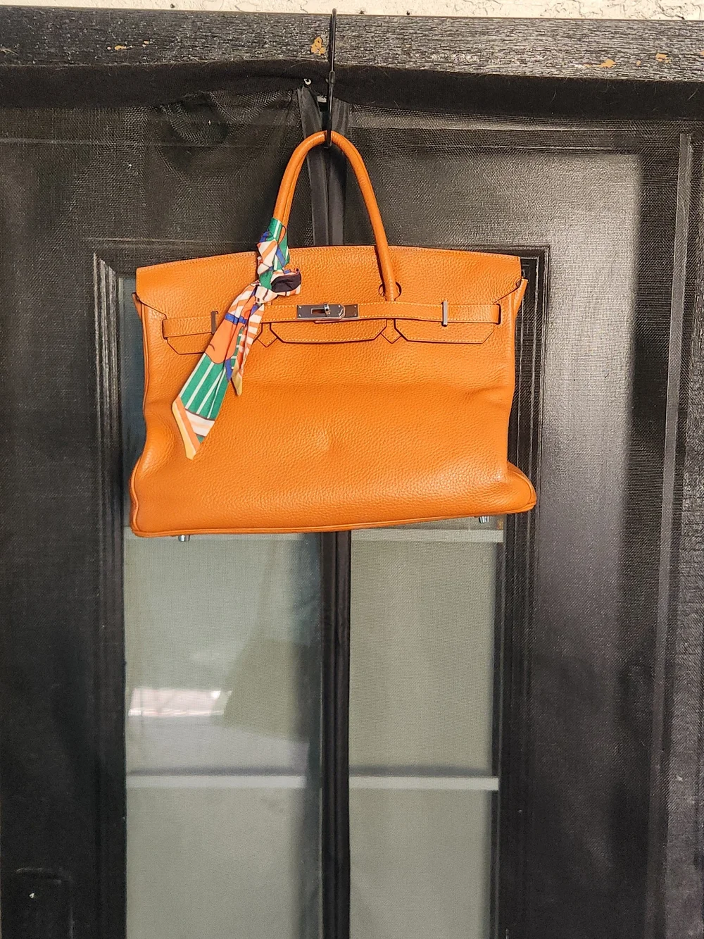 Elegant Orange Leather Tote Bag with Scarf Accent